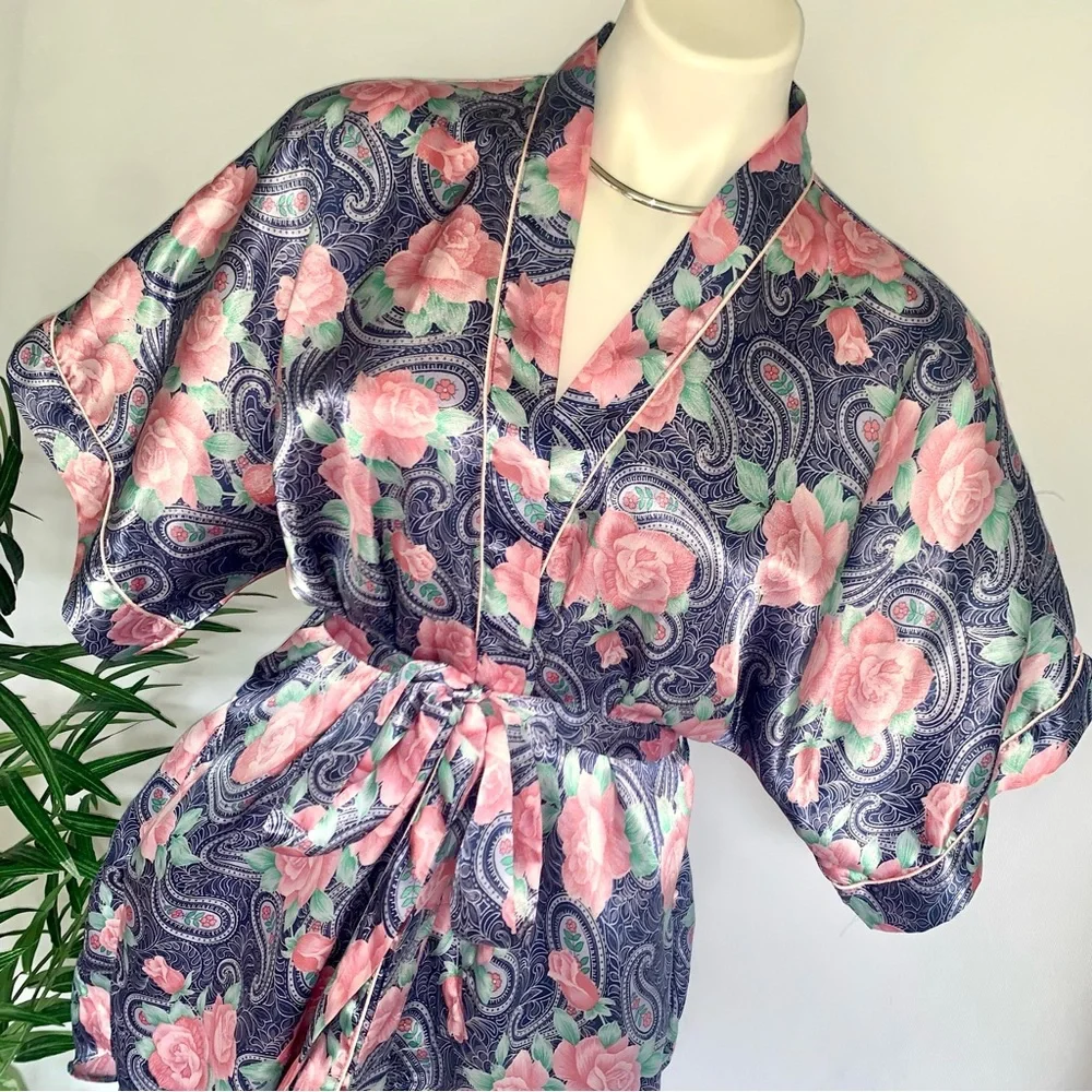 s a t i n :: Silky Floral 3pc Set Satin Robe Shorts Camisole - Picture 3 of 13